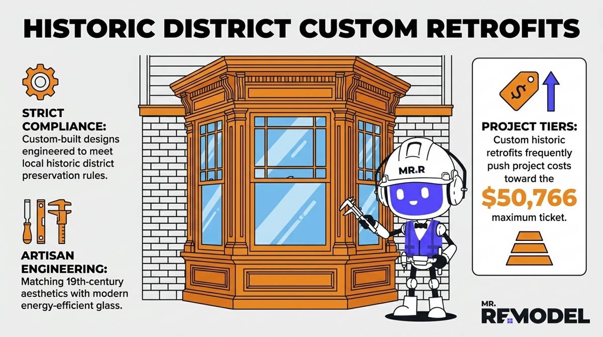 A 2026 historic window restoration infographic detailing the specialized custom retrofits required to meet strict architectural compliance laws.